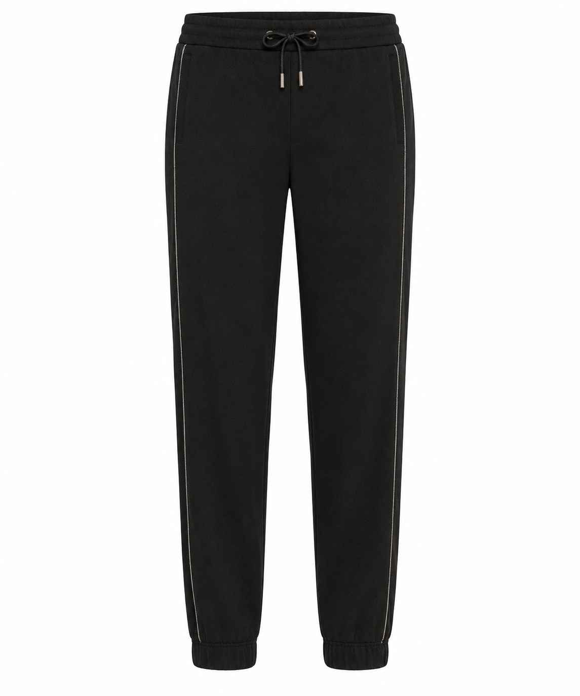 Brunello Cucinelli black jogger pants made of soft fabric, featuring a relaxed fit with elastic waistband and cuffed ankles.