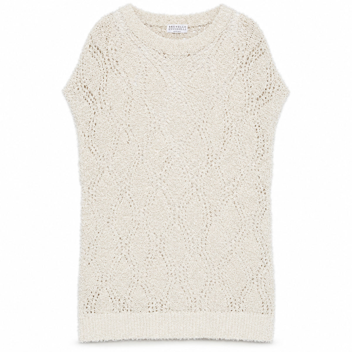 Brunello Cucinelli sleeveless knitted vest in neutral color, close-up of soft, finely woven top with ribbed edges.