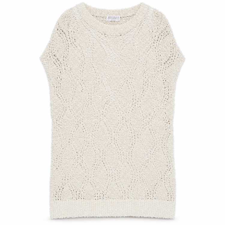 Brunello Cucinelli sleeveless knitted vest in neutral color, close-up of soft, finely woven top with ribbed edges.