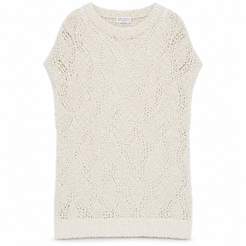 Brunello Cucinelli sleeveless knitted vest in neutral color, close-up of soft, finely woven top with ribbed edges.