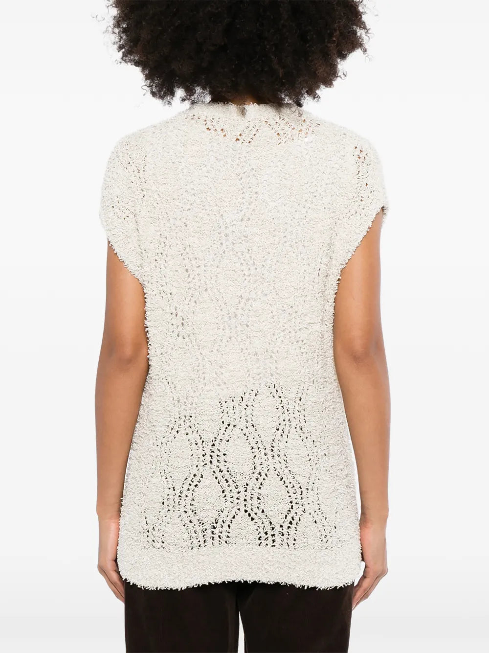 Back view of Brunello Cucinelli sleeveless knitted vest, stylish top with fine knit texture and ribbed details.