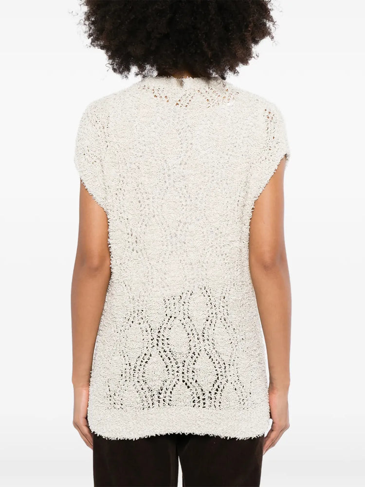 Back view of Brunello Cucinelli sleeveless knitted vest, stylish top with fine knit texture and ribbed details.