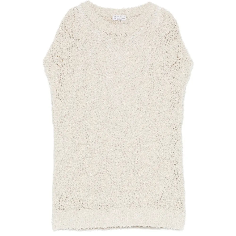 Brunello Cucinelli sleeveless knitted vest in a soft, neutral color, front view showing ribbed neckline and armholes.