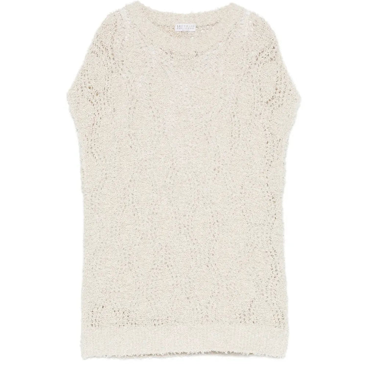 Brunello Cucinelli sleeveless knitted vest in a soft, neutral color, front view showing ribbed neckline and armholes.