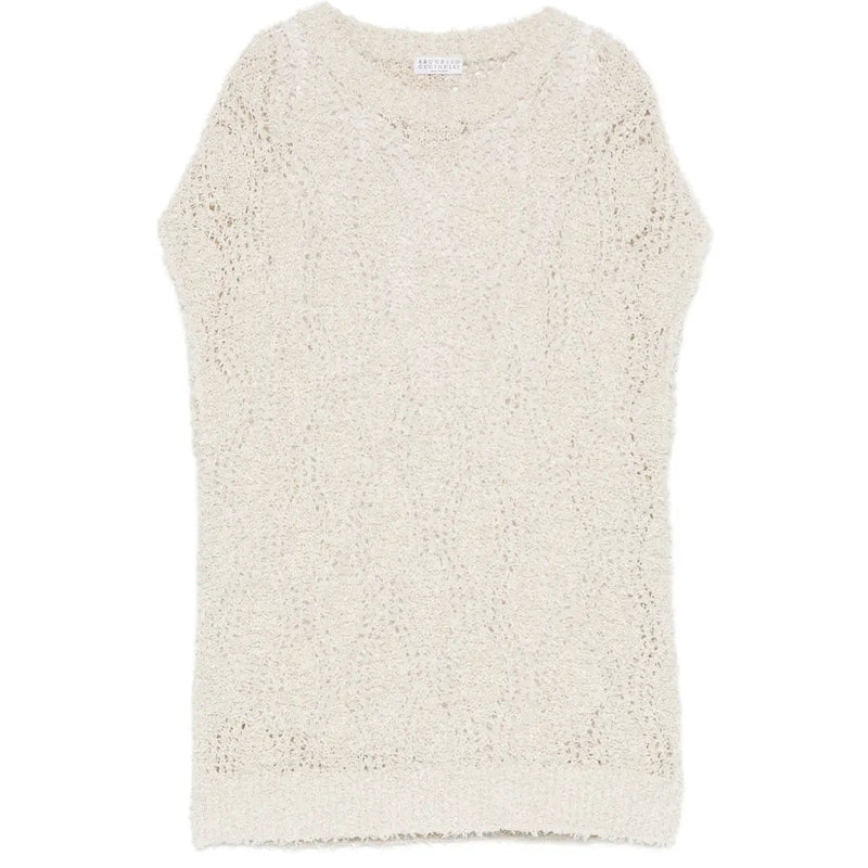 Brunello Cucinelli sleeveless knitted vest in a soft, neutral color, front view showing ribbed neckline and armholes.