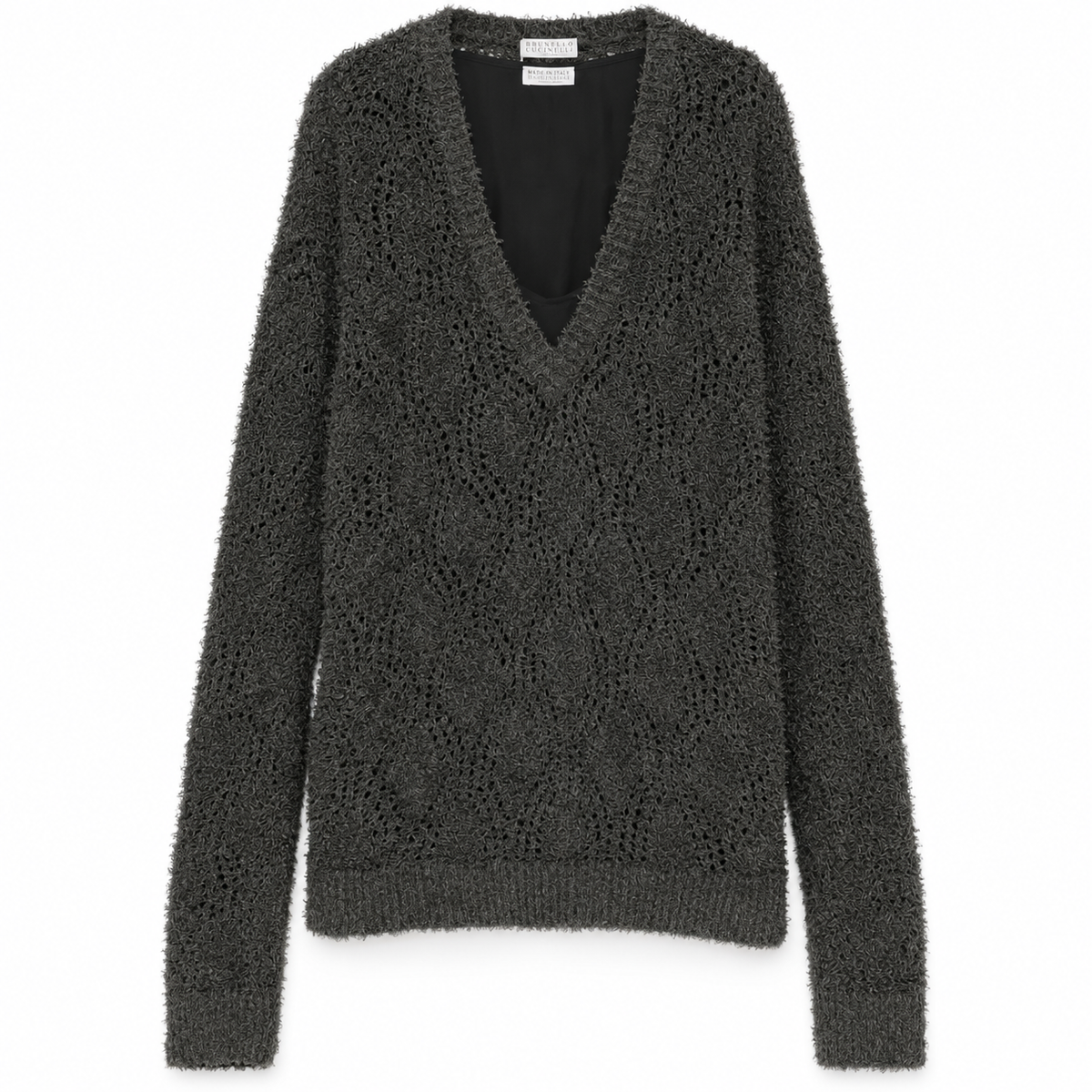 Grey Brunello Cucinelli V-neck double layer jumper, showcasing soft knit fabric and layered design, styled as a casual tops.