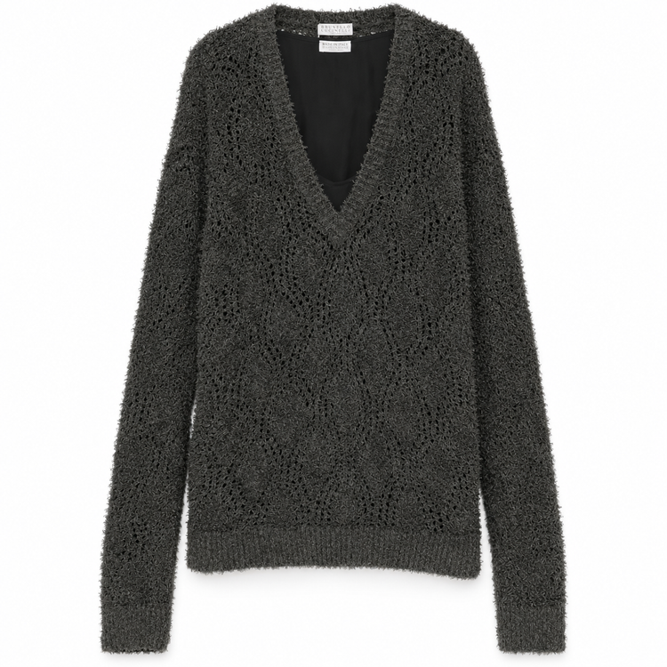 Grey Brunello Cucinelli V-neck double layer jumper, showcasing soft knit fabric and layered design, styled as a casual tops.