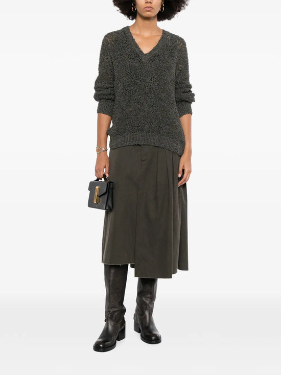Grey Brunello Cucinelli V-neck double layer jumper, soft knit top with a stylish layered design, displayed on a neutral background.
