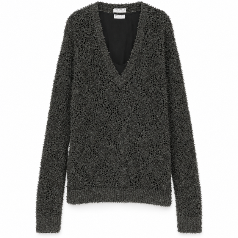 Grey Brunello Cucinelli V-neck double layer jumper, showcasing soft knit fabric and layered design, styled as a casual tops.