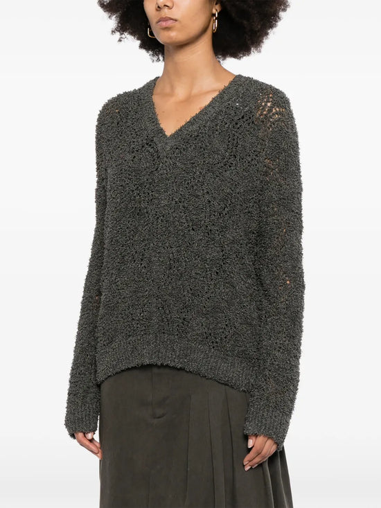 Brunello Cucinelli grey V-neck double layer jumper, stylish knit top with layered design and ribbed cuffs.