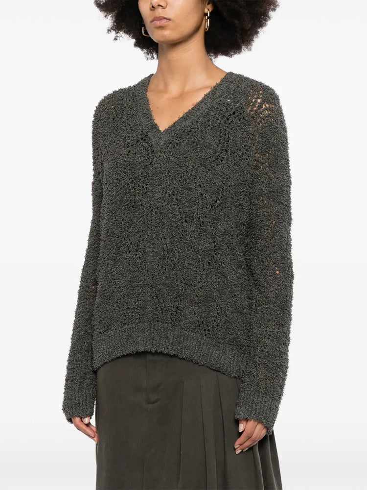 Brunello Cucinelli grey V-neck double layer jumper, stylish knit top with layered design and ribbed cuffs.