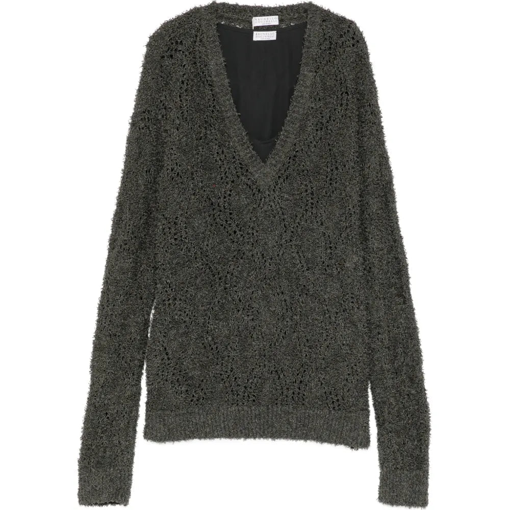 Brunello Cucinelli grey V-neck double layer jumper, front view, showcasing soft knit fabric and stylish layered design.