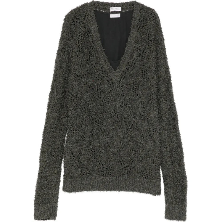 Brunello Cucinelli grey V-neck double layer jumper, front view, showcasing soft knit fabric and stylish layered design.