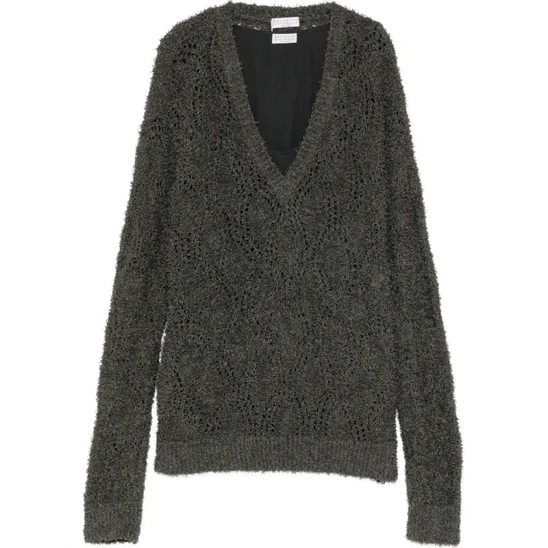Brunello Cucinelli grey V-neck double layer jumper, front view, showcasing soft knit fabric and stylish layered design.