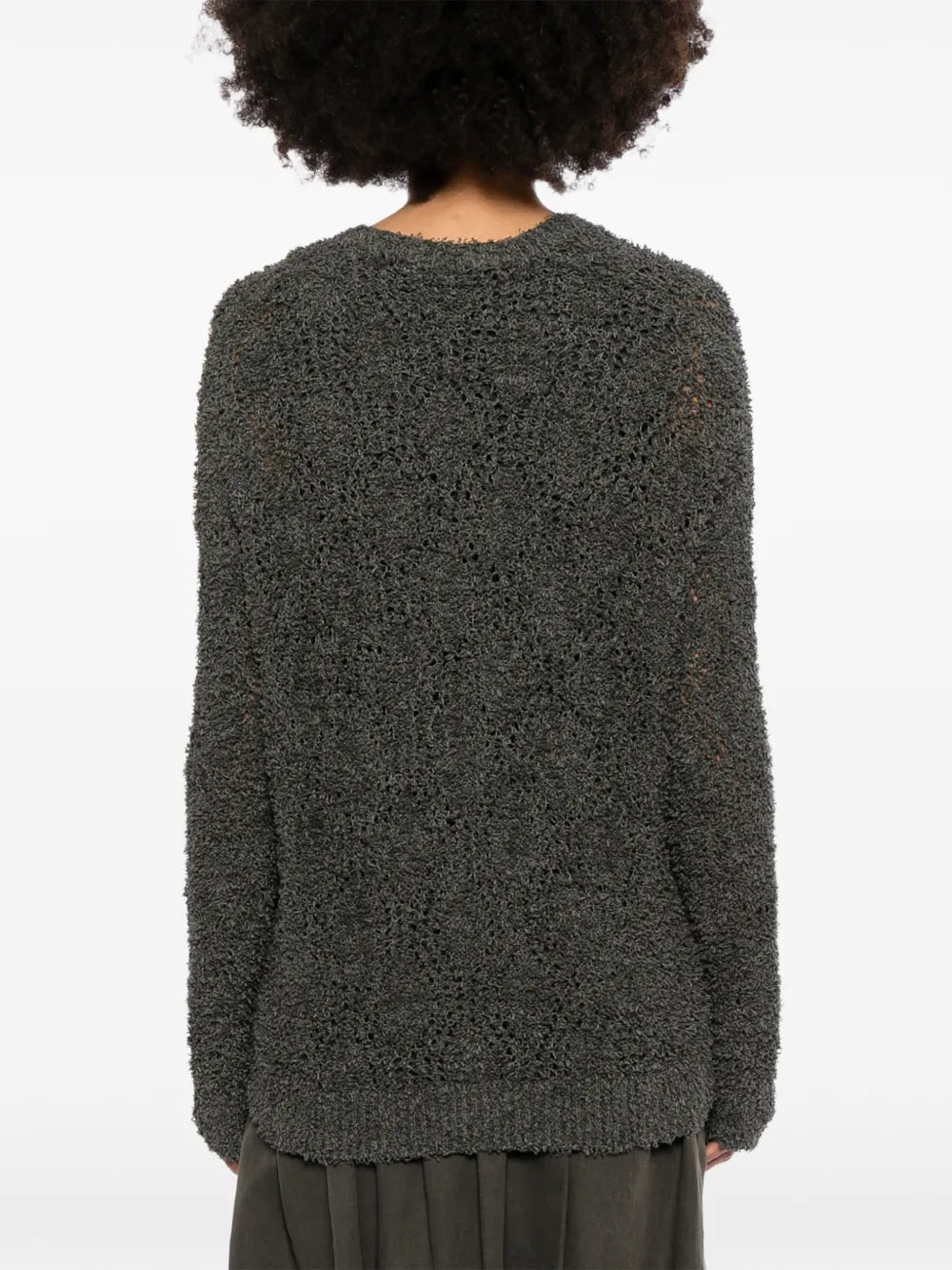 Brunello Cucinelli grey V-neck double layer jumper showing the back view, soft knit fabric, and layered design.