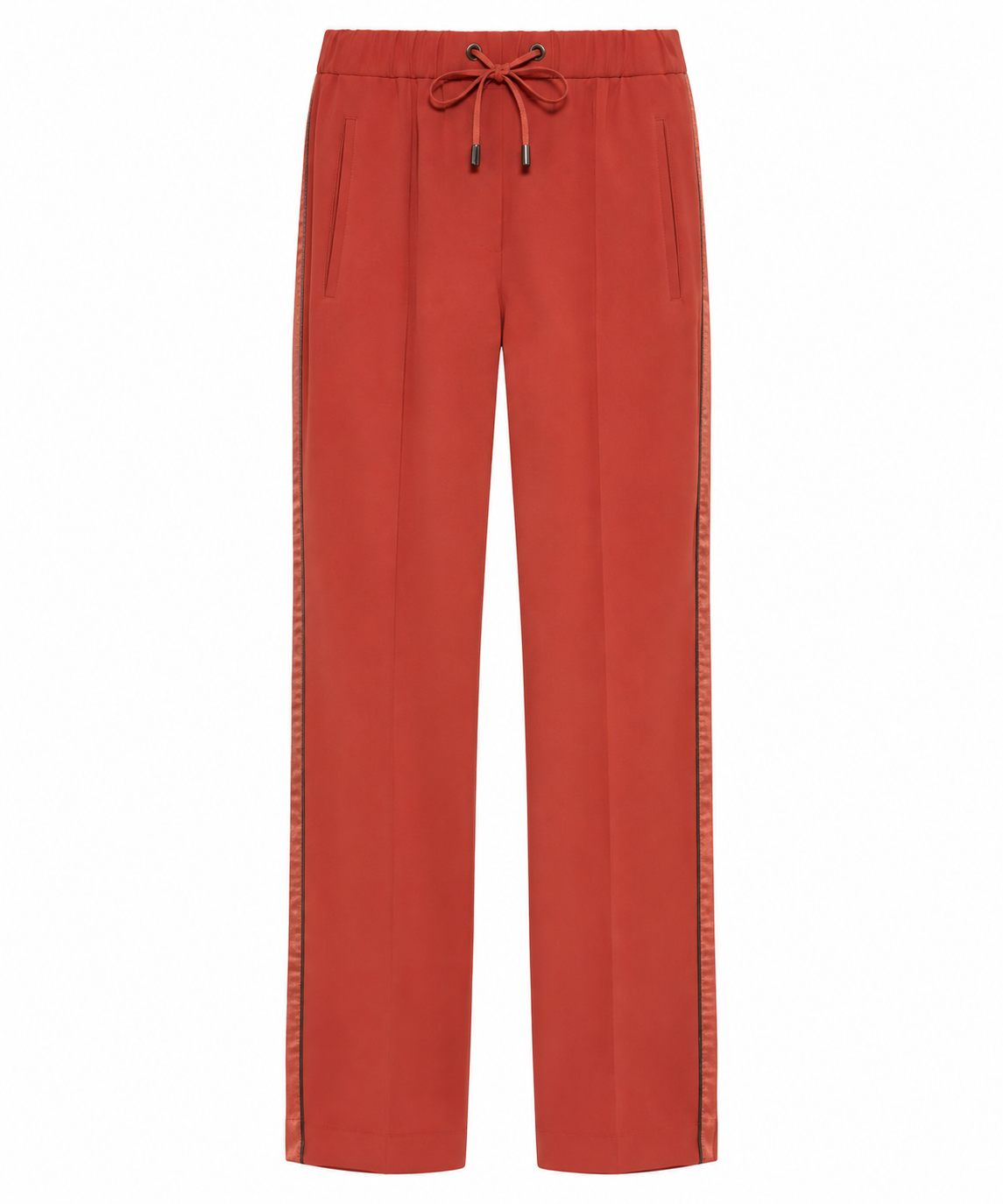 Brunello Cucinelli red drawstring trousers with relaxed fit and elastic waistband, shown hanging against a plain background.