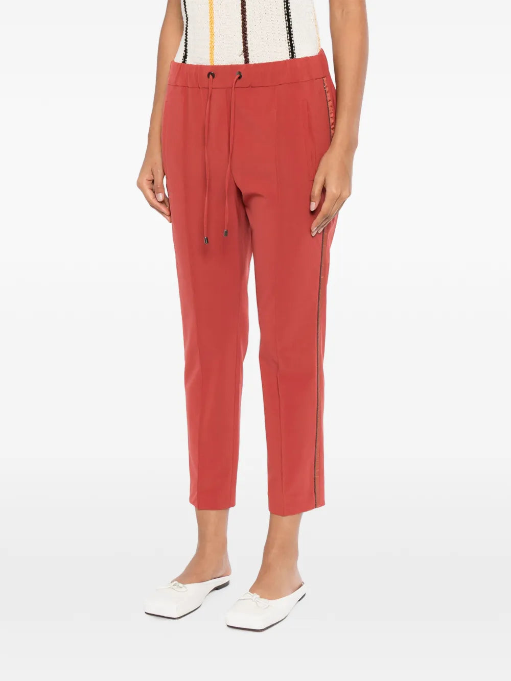 Red drawstring trousers by Brunello Cucinelli, featuring lightweight fabric, relaxed fit, and casual style with adjustable waist.