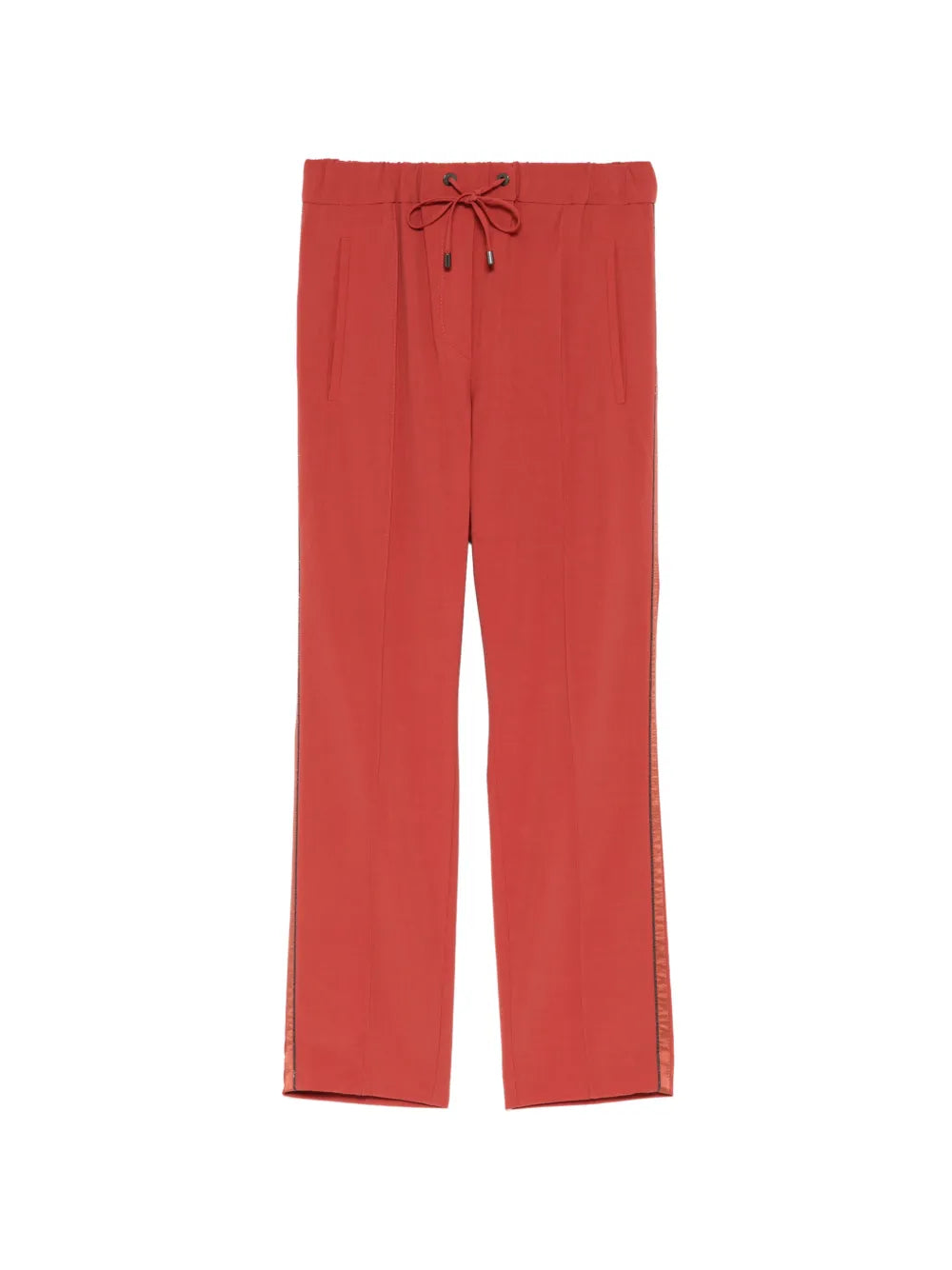 Front view of Brunello Cucinelli red drawstring trousers featuring a relaxed fit and adjustable waist for casual elegance.