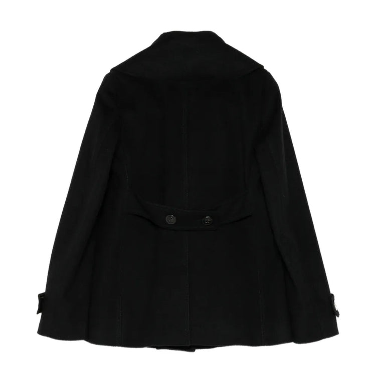 Black wool peacoat by Burberry, stylish double-breasted coat with wide lapels and tailored fit, displayed on a hanger.