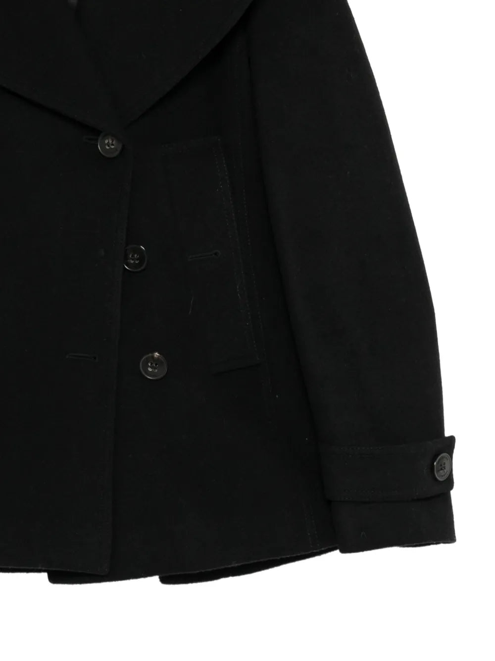 Black wool peacoat by Burberry, stylish coat with classic double-breasted design and tailored fit, displayed on a hanger.