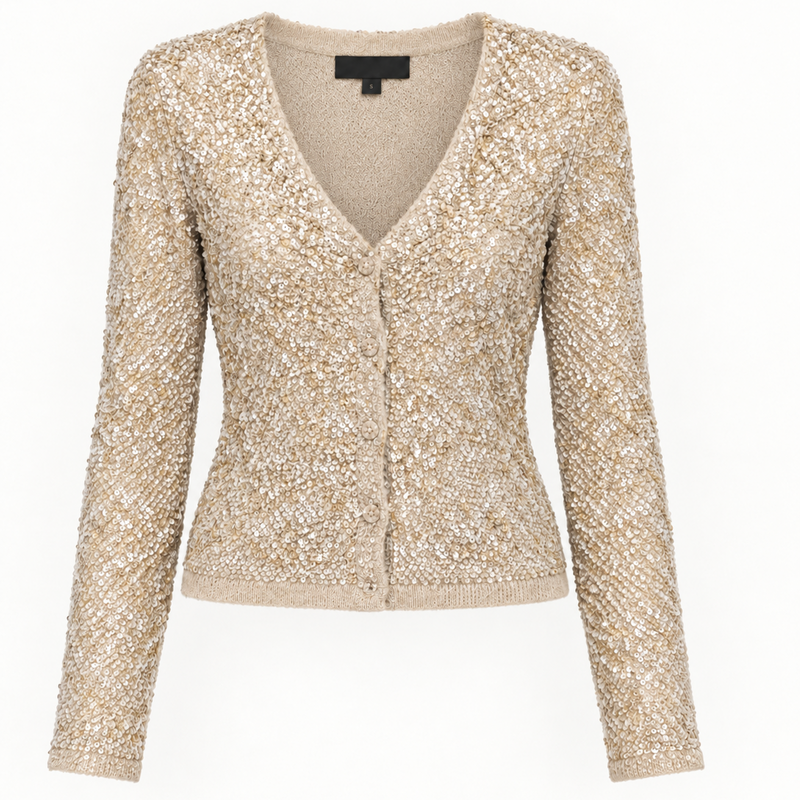 Gold sequin cardigan from Burberry Prorsum, stylish tops with shimmering sequins and a classic knit design.