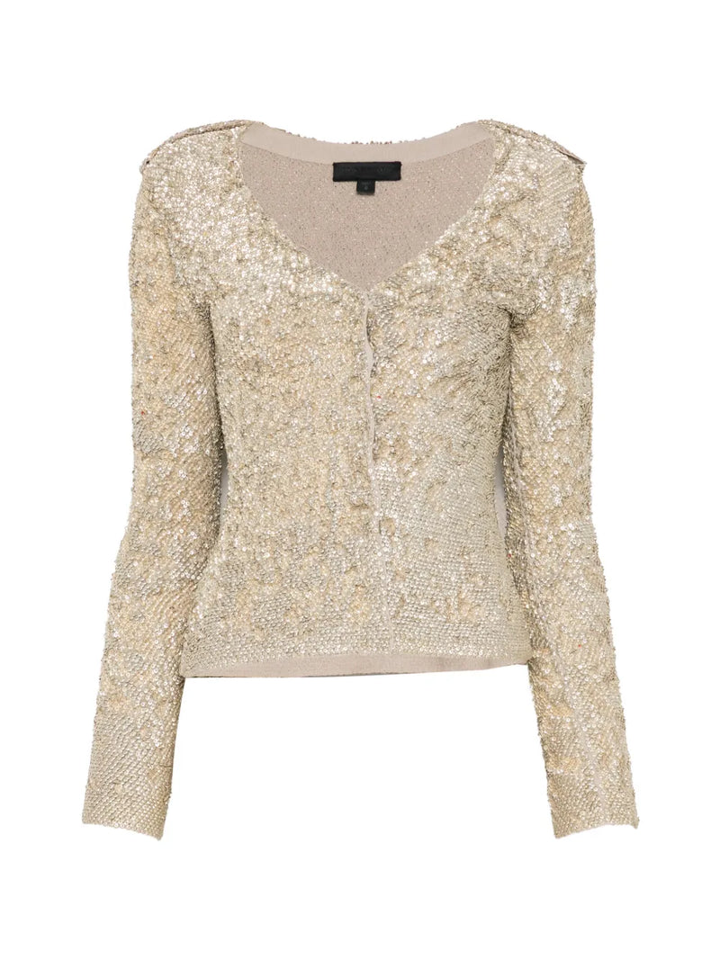 Gold sequin cardigan by Burberry Prorsum, front view showing shimmering sequined fabric and classic button closure.