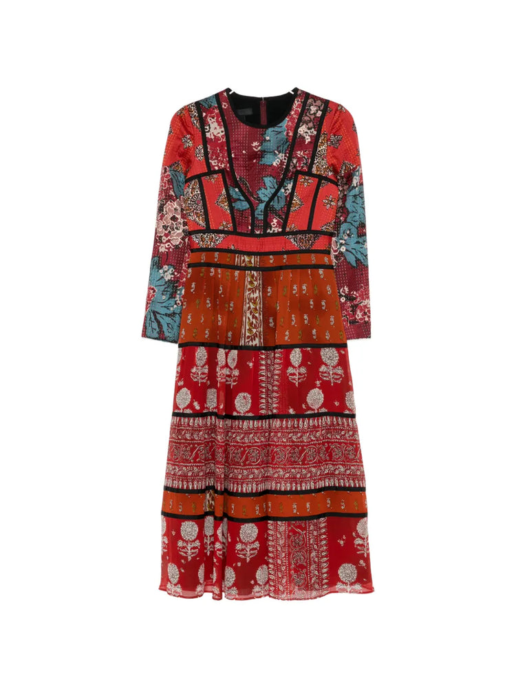 Burberry long sleeve dress featuring a sleek, elegant design with classic Burberry pattern, shown from the front.