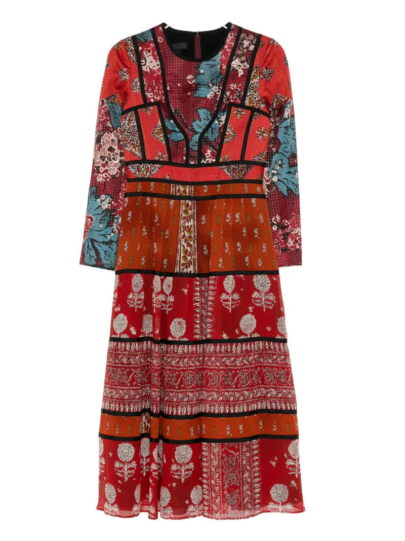 Burberry long sleeve dress featuring a sleek, elegant design with classic Burberry pattern, shown from the front.