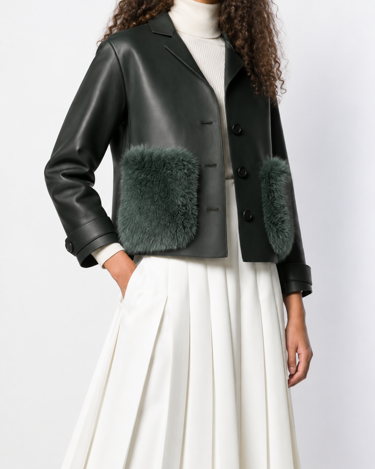 Burberry Prorsum black leather jacket with collar, button-front fastening, cropped silhouette, long sleeves, and oversized fur-trimmed front patch pockets.