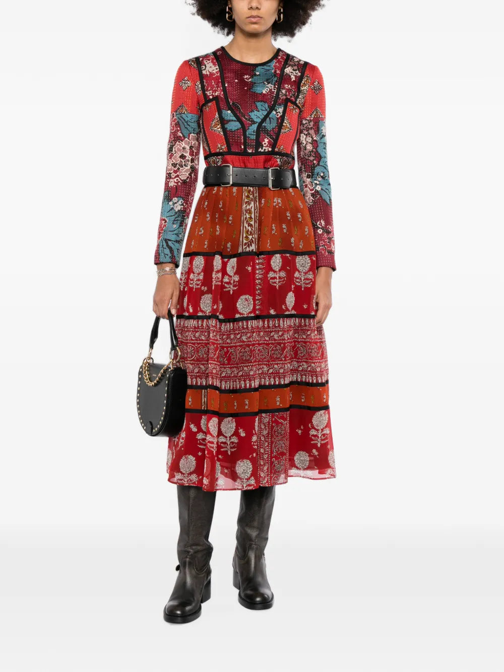 Burberry multi long sleeve dress featuring classic pattern and elegant design, showcased on a model.