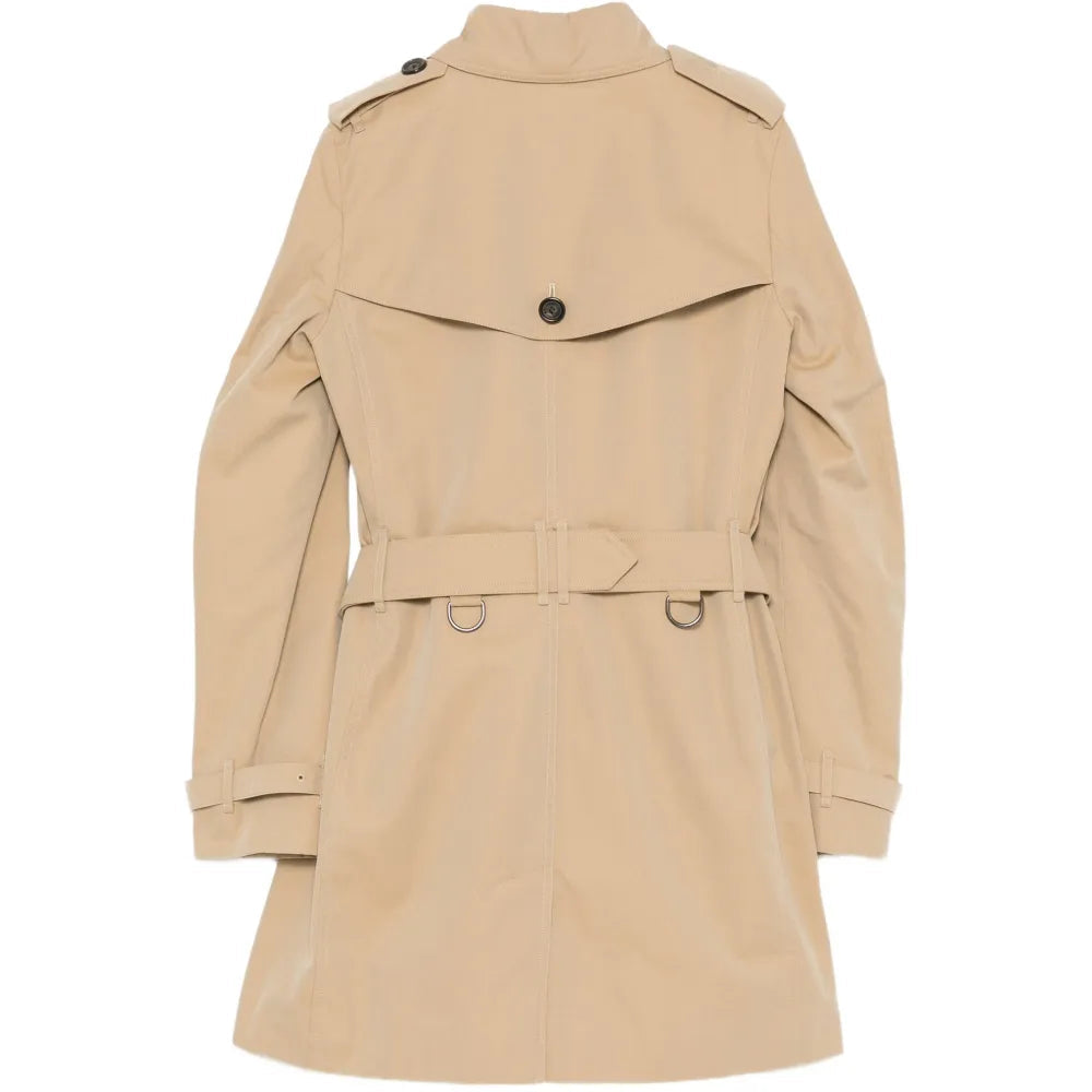 Back view of a classic Burberry trench coat, showcasing its beige color, belted waist, and signature check lining detail.