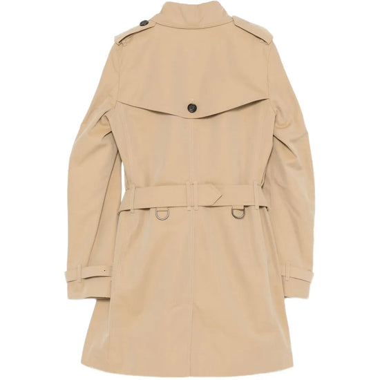 Back view of a classic Burberry trench coat, showcasing its beige color, belted waist, and signature check lining detail.