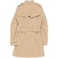 Back view of a classic Burberry trench coat, showcasing its beige color, belted waist, and signature check lining detail.
