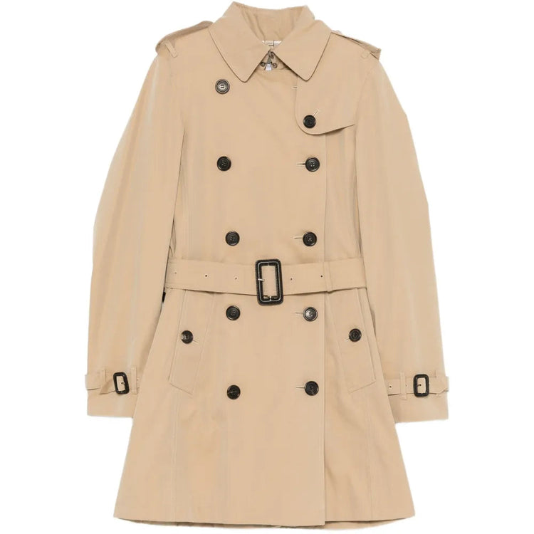 Front view of a classic Burberry trench coat, showcasing its beige color and tailored design.