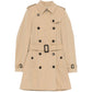 Front view of a classic Burberry trench coat, showcasing its beige color and tailored design.