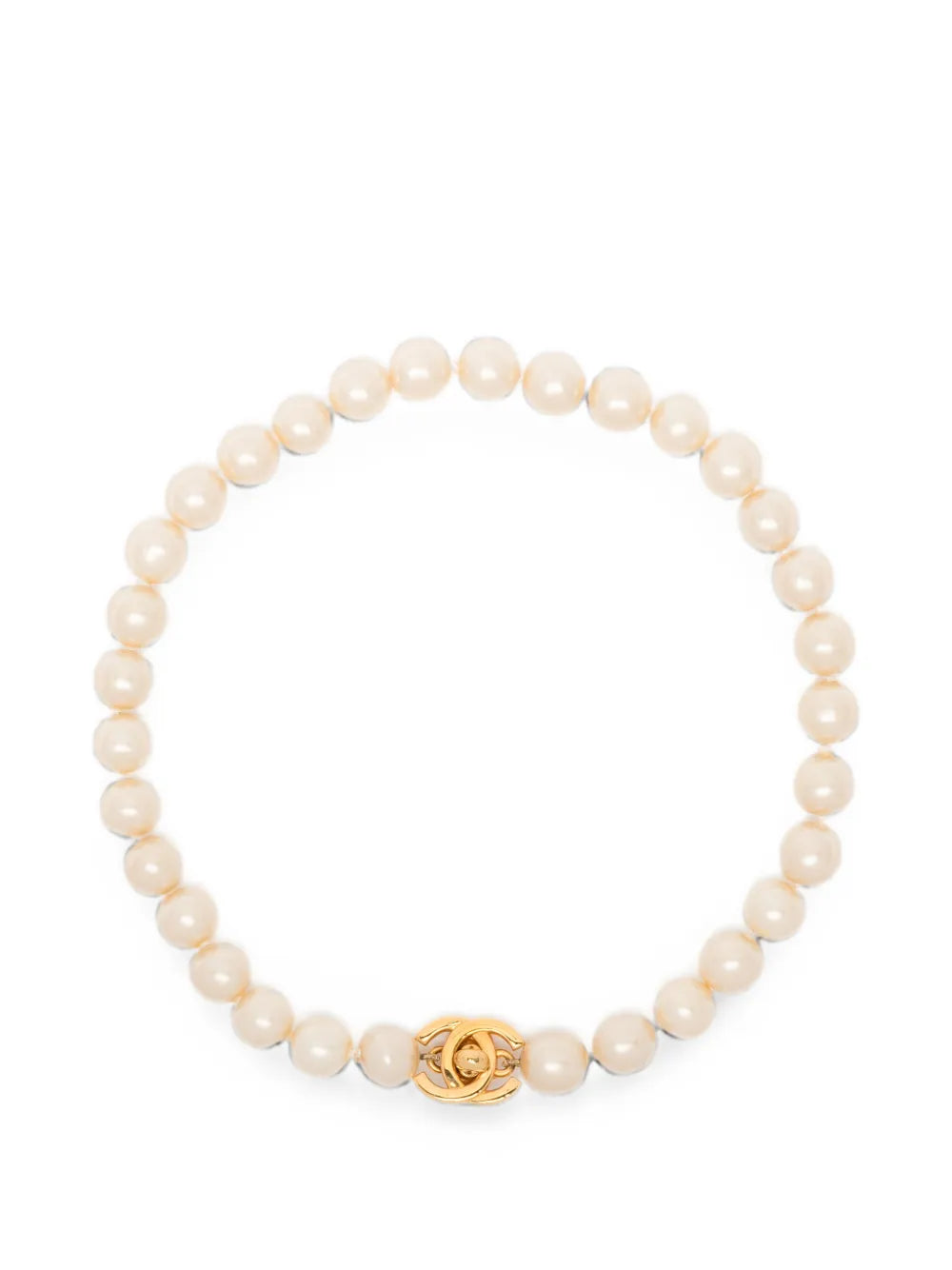 Vintage Chanel single-strand faux pearl choker necklace featuring a gold-tone interlocking CC turn-lock clasp centerpiece.