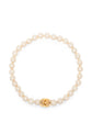 Vintage Chanel single-strand faux pearl choker necklace featuring a gold-tone interlocking CC turn-lock clasp centerpiece.