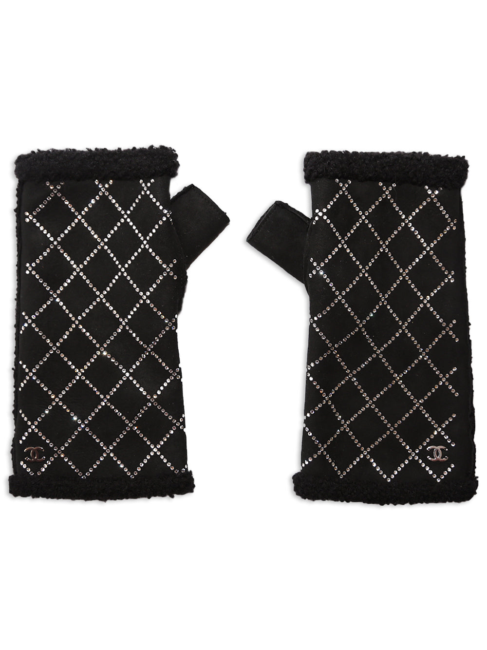 Chanel Black fingerless gloves with white diamond pattern on a white background