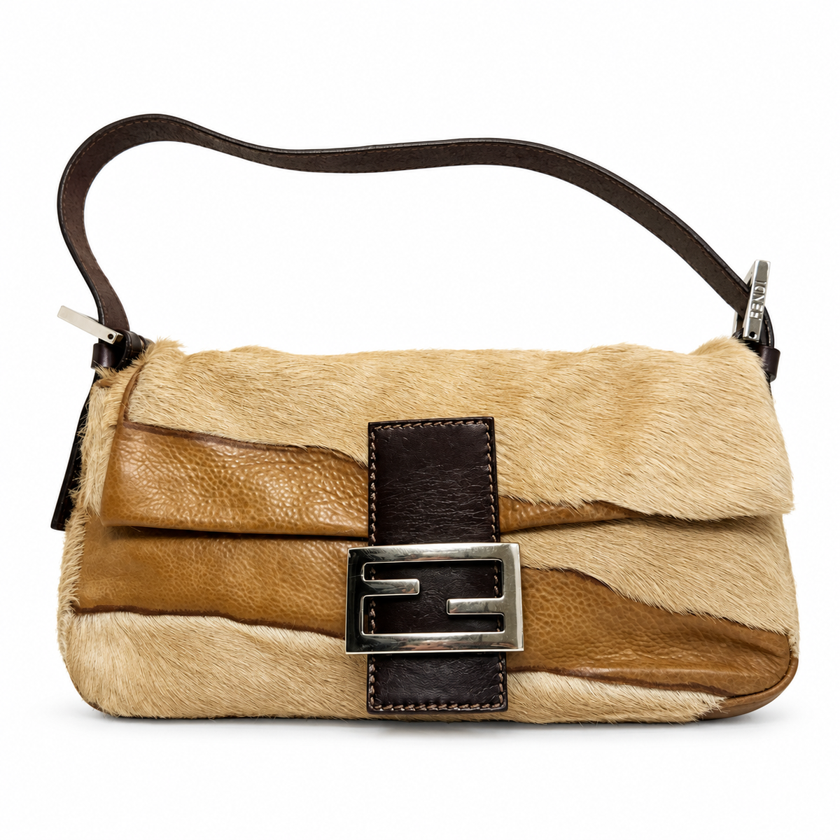 Fendi calf pony hair baguette shoulder bag with sleek design and textured finish.