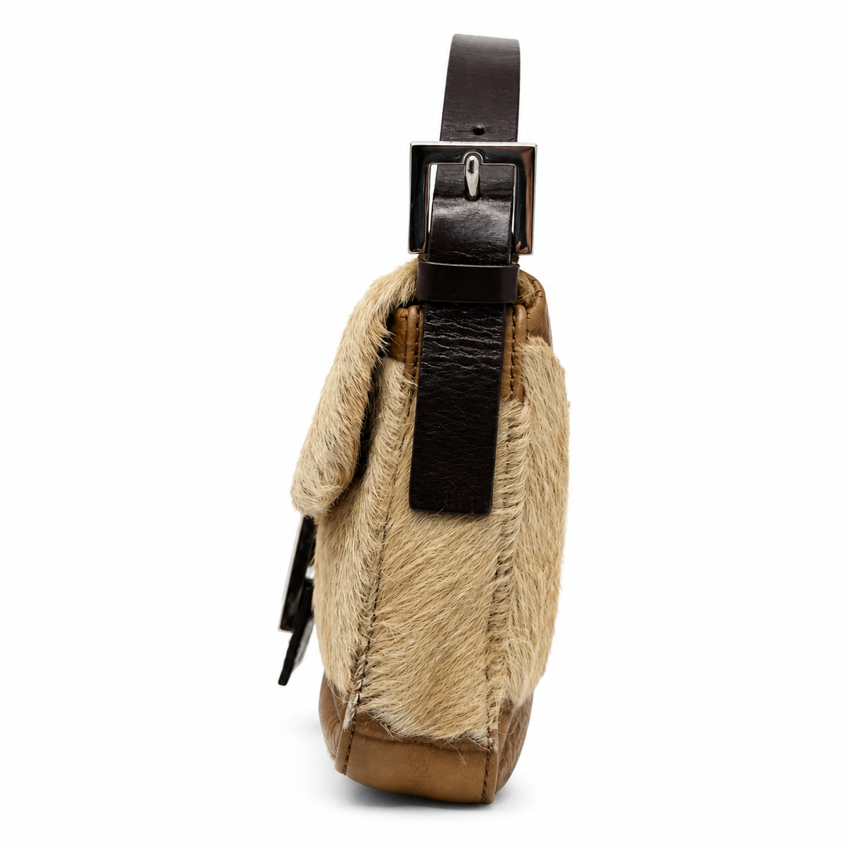 Fendi calf pony hair baguette shoulder bag with a sleek, textured design and elegant gold-tone hardware.
