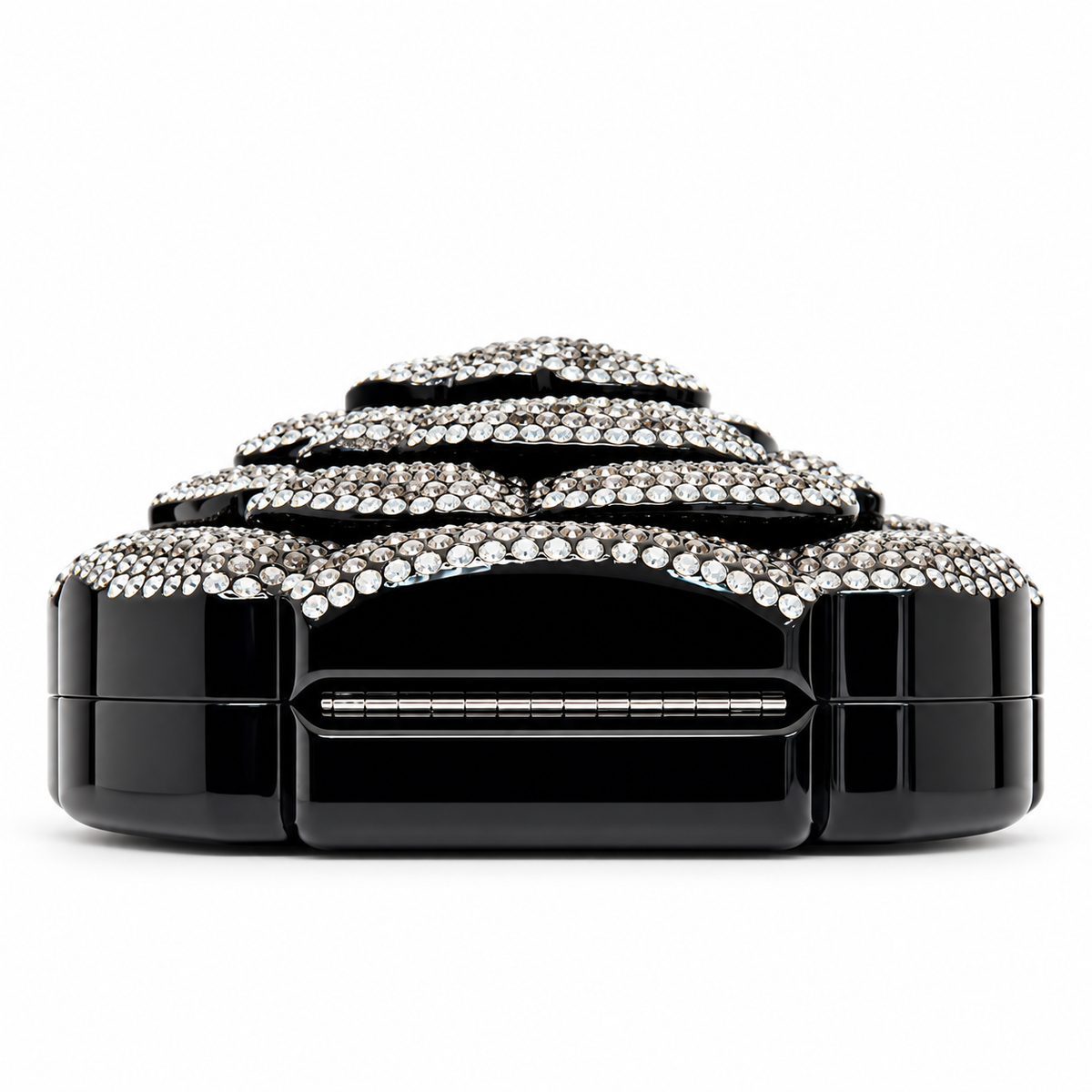 Chanel Camellia Minaudière evening clutch bag with floral design, compact silhouette, and elegant details for formal occasions.