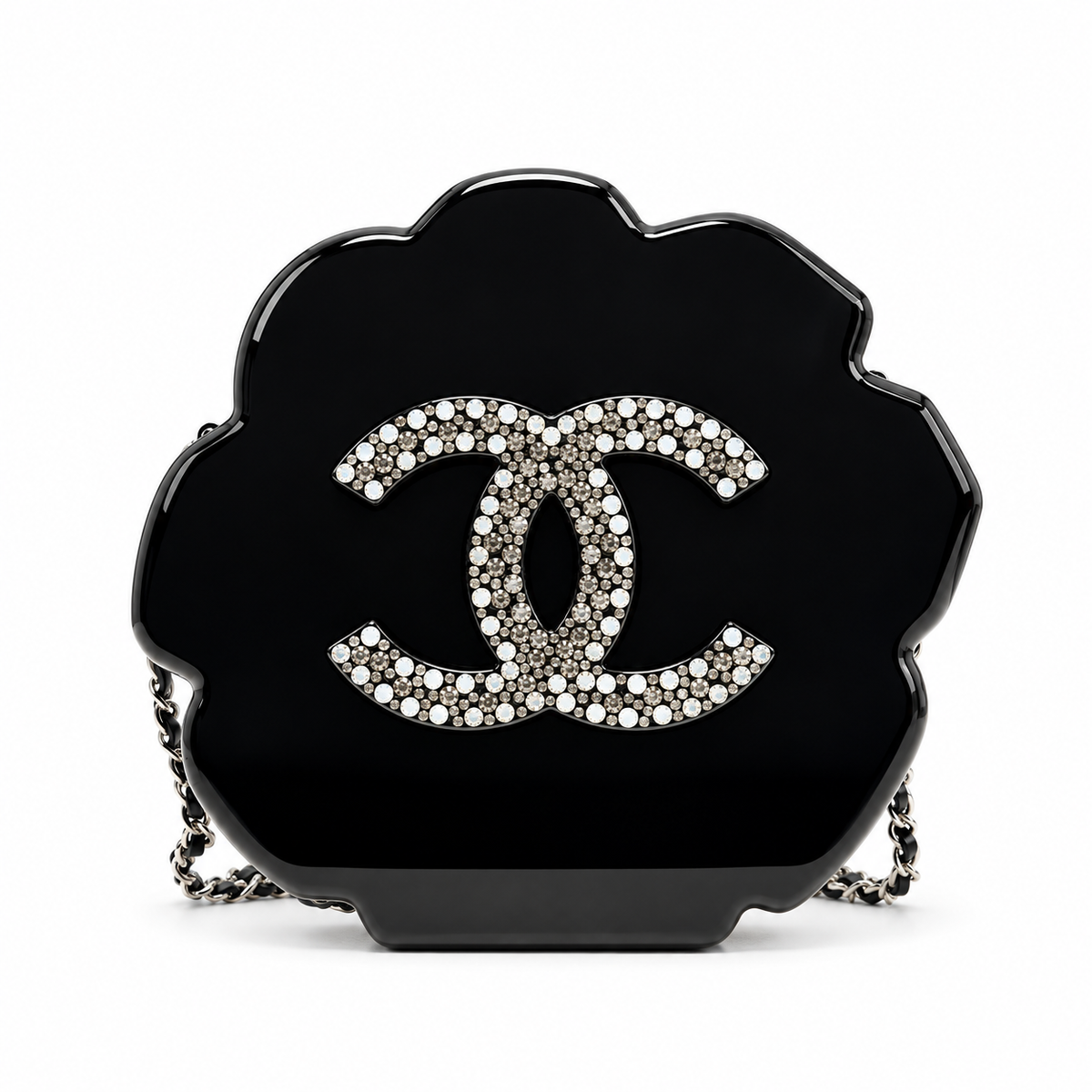 Chanel Camellia Minaudière evening clutch bag with floral design, compact style, and elegant gold-tone hardware.