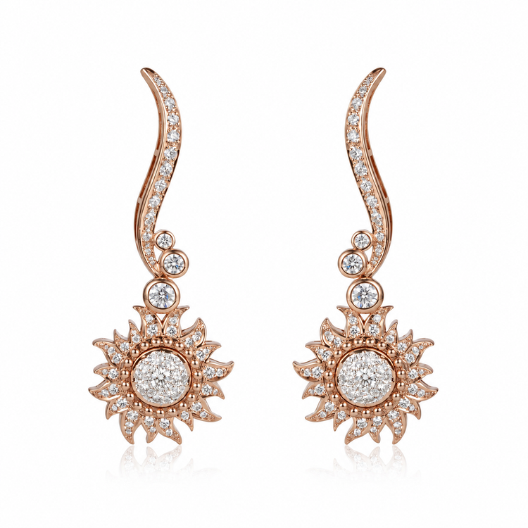 Carrera y Carrera Sol y Sombra diamond sun earrings with sparkling gold and diamond accents, featuring a sunburst design.