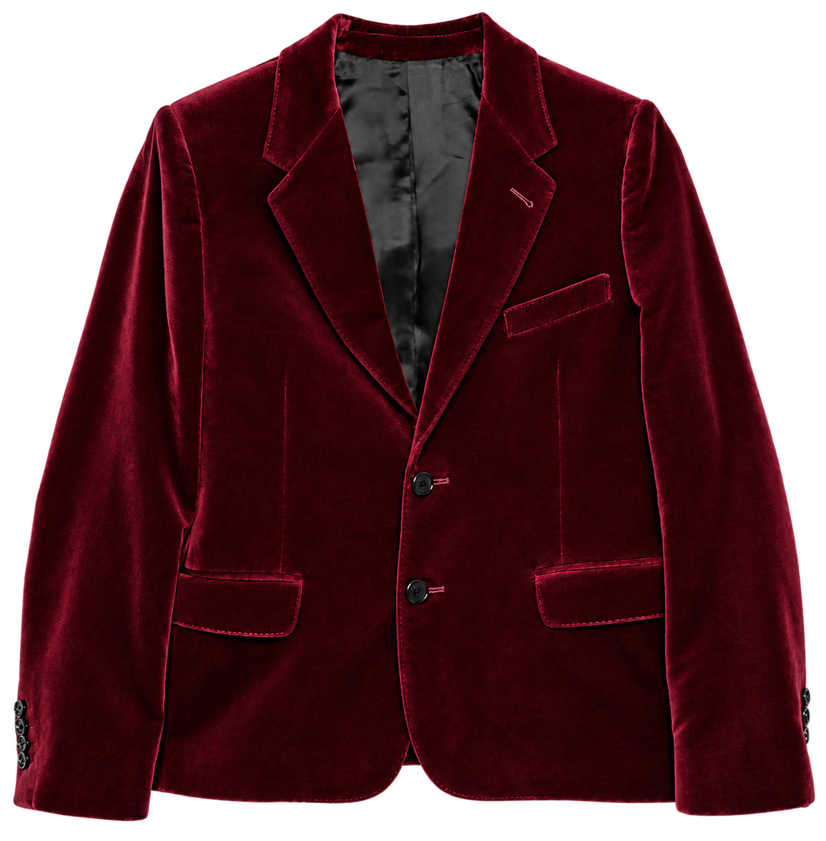 Celine burgundy velvet blazer with notched lapels, front button fastening, chest welt pocket, flap pockets, long sleeves and black lining.