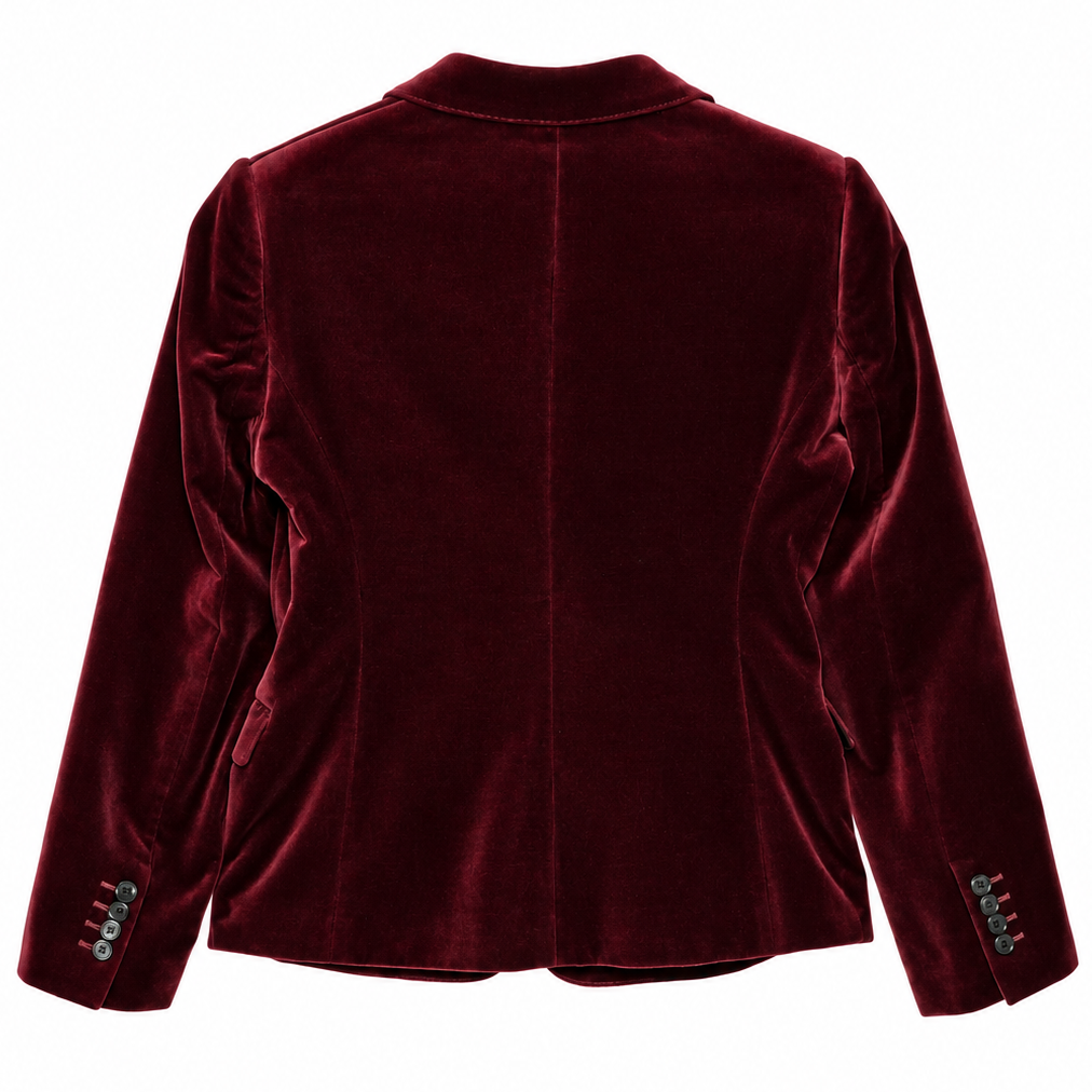 Celine burgundy velvet blazer with notched lapels, front button fastening, chest welt pocket, flap pockets, long sleeves and black lining.