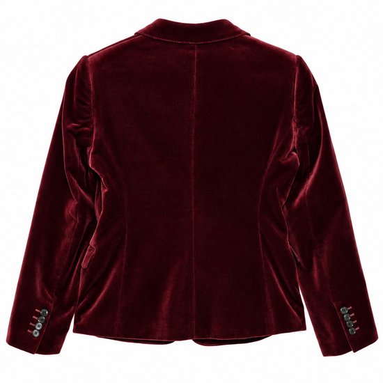 Celine burgundy velvet blazer with notched lapels, front button fastening, chest welt pocket, flap pockets, long sleeves and black lining.