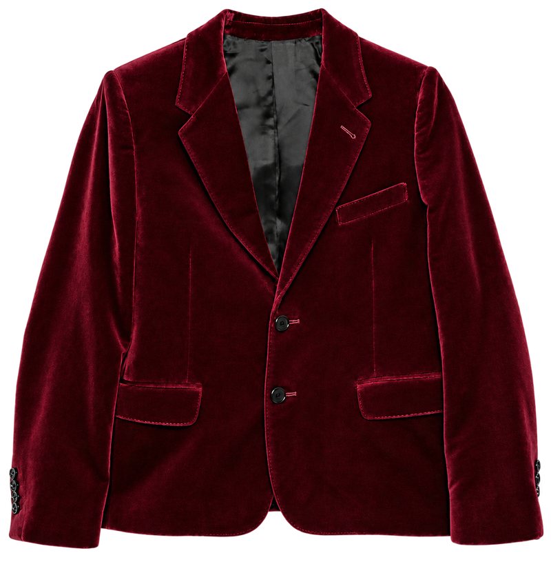Celine burgundy velvet blazer with notched lapels, front button fastening, chest welt pocket, flap pockets, long sleeves and black lining.