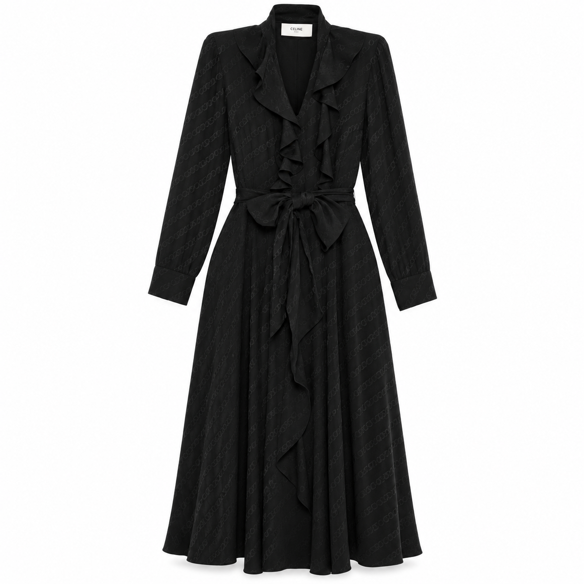 Celine black silk midi wrap dress with tonal Triomphe jacquard pattern, ruffled neckline, long sleeves and self-tie waist belt.