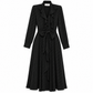 Celine black silk midi wrap dress with tonal Triomphe jacquard pattern, ruffled neckline, long sleeves and self-tie waist belt.