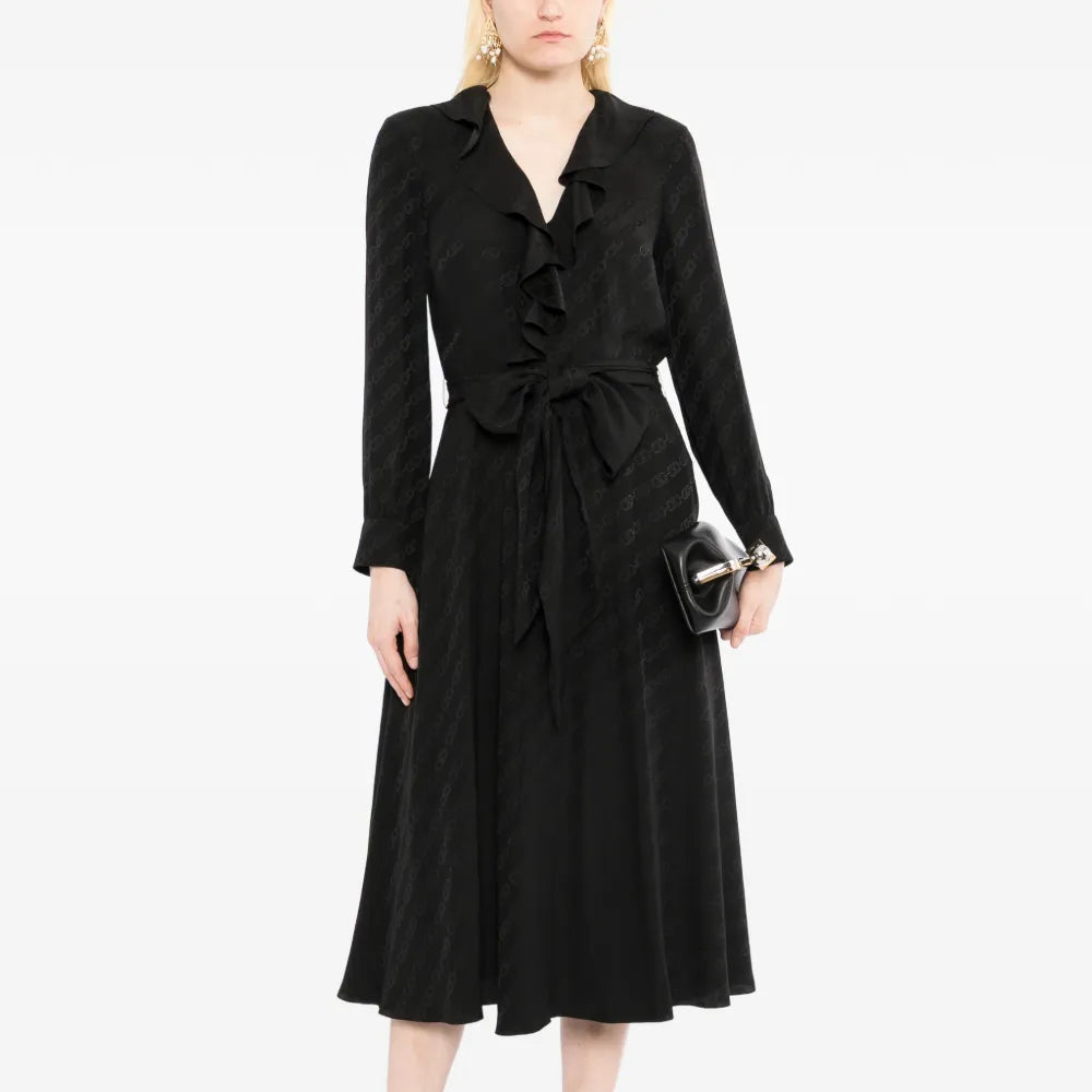 Celine Triomphe Jacquard Silk Wrap Midi Dress with intricate pattern and elegant silhouette, displayed on a hanger.